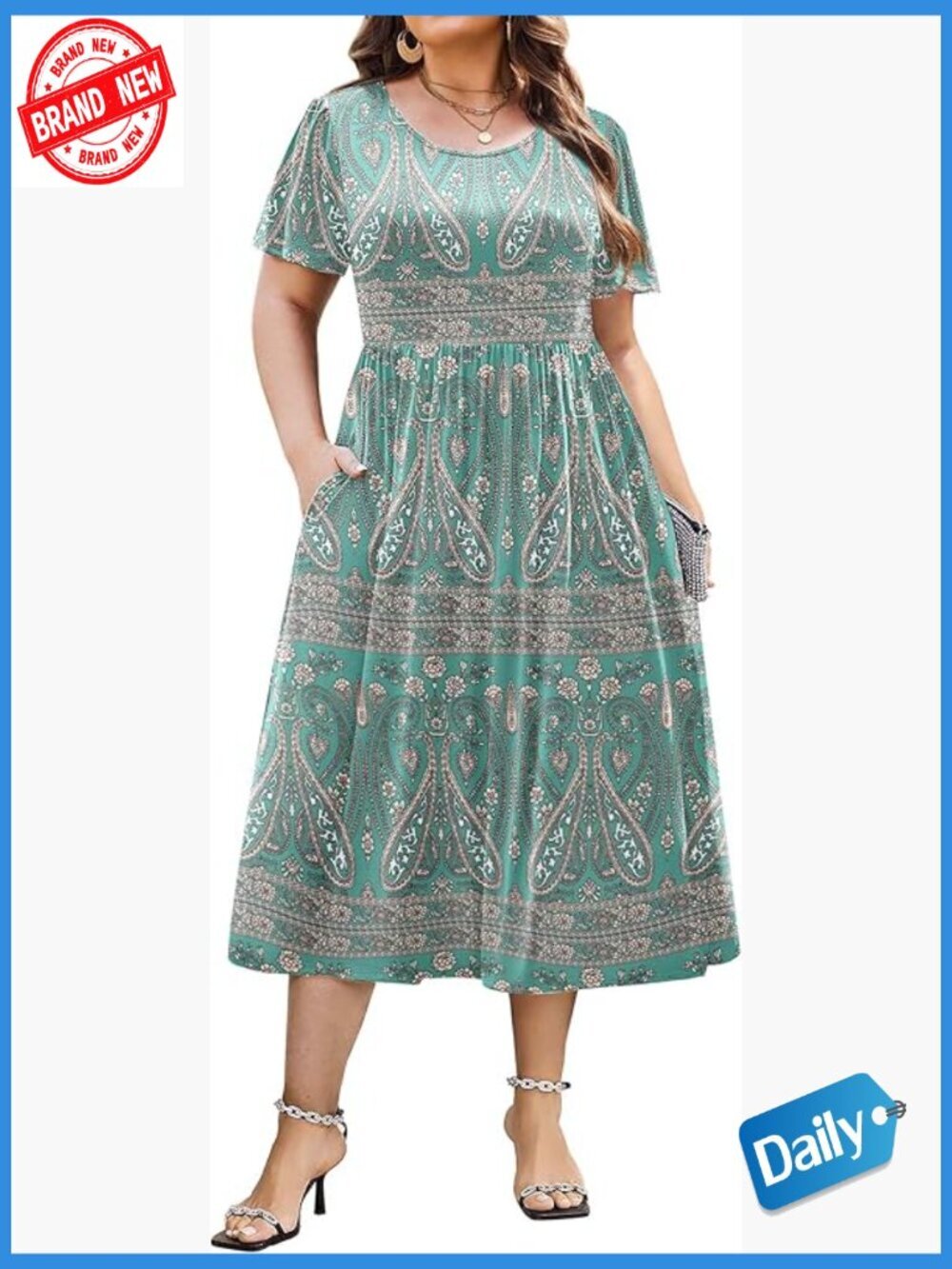 Plus Size Short Sleeve A-Line Flowy Midi Dress with Pockets